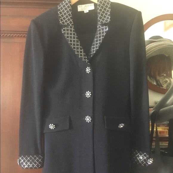 St. John evening black & silver knit pant suit - Picture 2 of 6